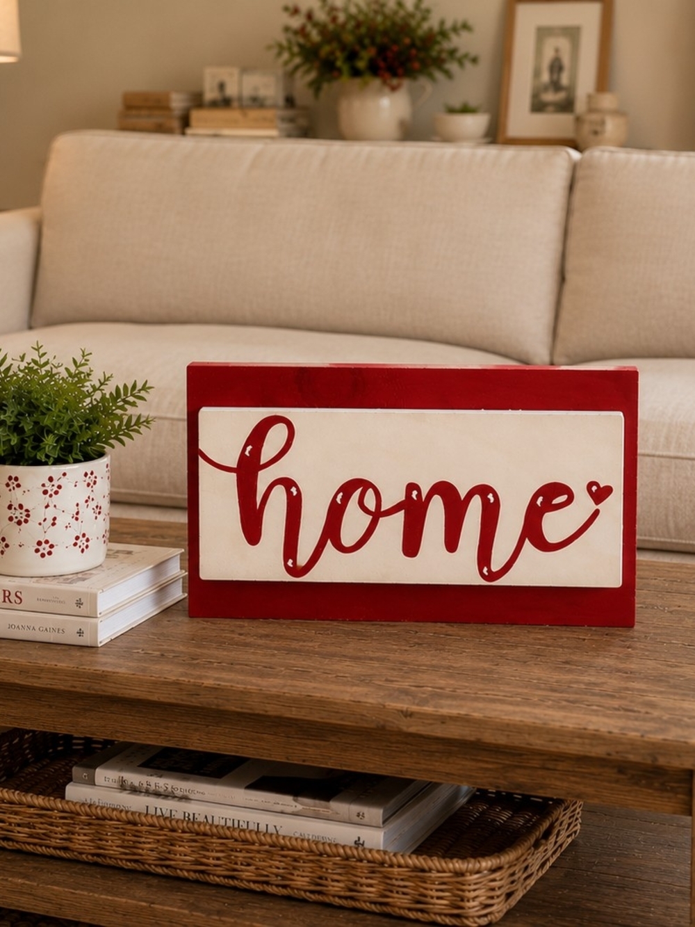 Wood Home Sign Red Lettering